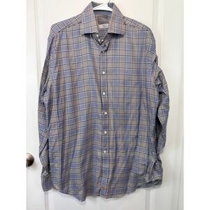 Thomas Dean Mens Blue Brown Glen Plaid Houndstooth 100% Cotton Shirt Large